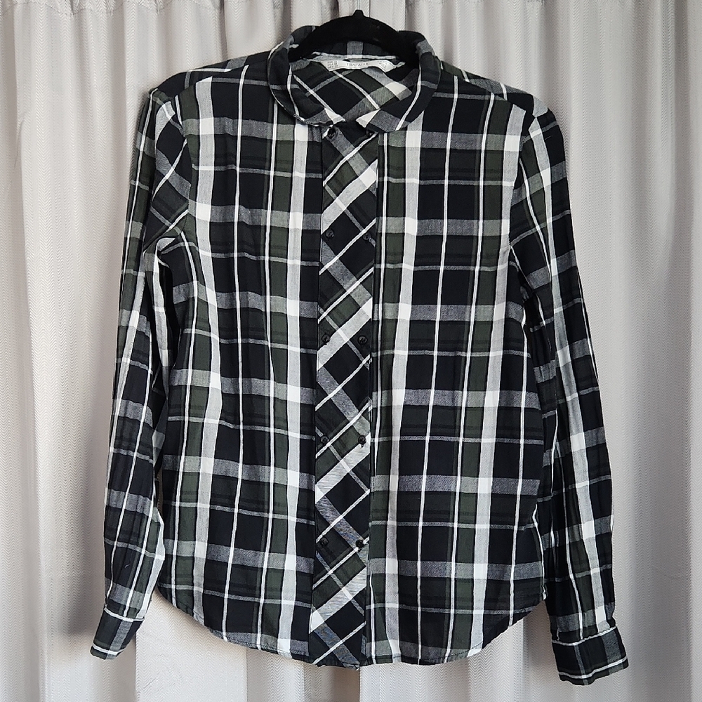 Zara Plaid Button Down Shirt With Peter Pan Collar